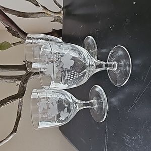 Set of 3 Etched Grape Crystal Wine Glasses